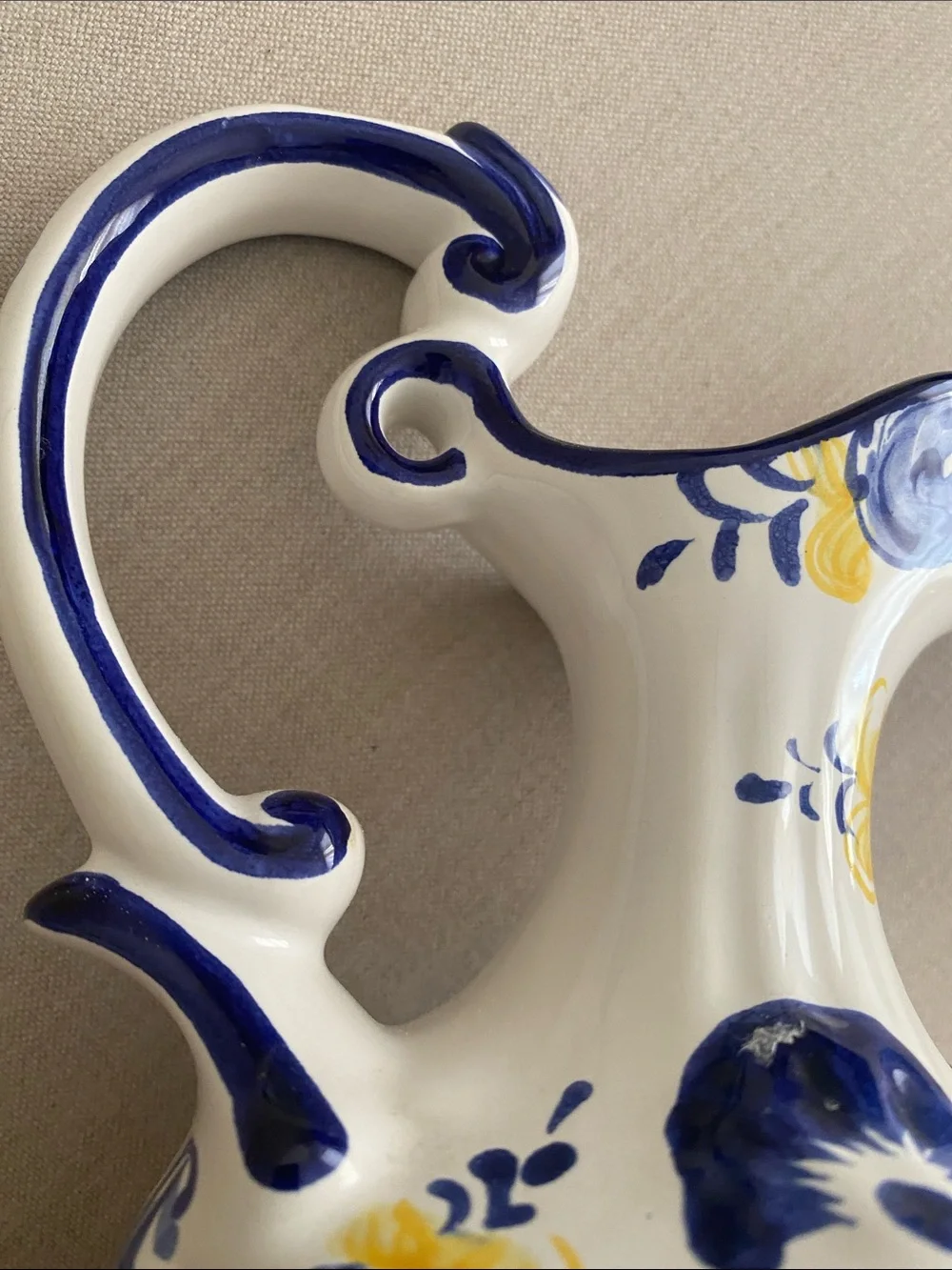 Vintage Alcobaca Portugal Floral Pitcher yellow and blue 8”